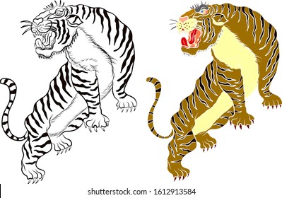 Traditional Japanese tiger for tattoo design.Chinese tiger for printing on T-shirt.Tiger vector illustration for coloring or doodle art on background.Design for sticker and cartoon style.