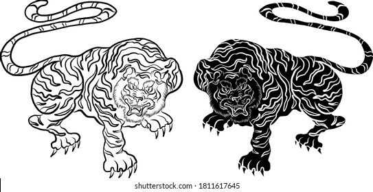 Traditional Japanese tiger for tattoo design.Chinese tiger for printing on T-shirt.Tiger vector illustration for coloring or doodle art on background.Design for sticker and cartoon style.