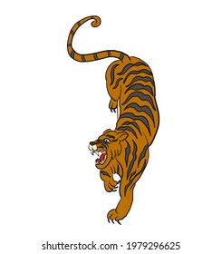 Traditional Japanese tiger for tattoo design.Chinese tiger for printing on T-shirt.Tiger vector illustration for coloring or doodle art on background.Design for sticker and cartoon style.