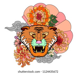Traditional Japanese tiger tattoo.Tiger Sticker tattoo design,Cartoon tiger on black background.Vector