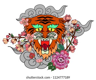 Traditional Japanese tiger tattoo.Tiger Sticker tattoo design,Cartoon tiger on black background.Vector