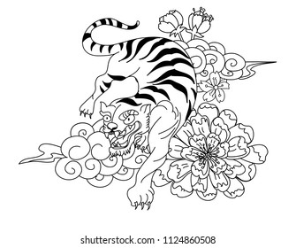 Traditional Japanese tiger tattoo.Tiger Sticker tattoo design,Cartoon tiger on black background.Vector