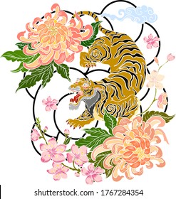 Traditional Japanese tiger tattoo.Tiger Sticker tattoo design,Cartoon tiger on black background.Vector illustration for embroidery and printing on shirt.Beautiful line art of flower.