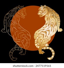 Traditional Japanese tiger tattoo.Tiger Sticker tattoo design,Cartoon tiger on black background.Vector for elements on white isolated.Hand drawn illustration for coloring book or T-shirt on backdrop.