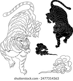 Traditional Japanese tiger tattoo.Tiger Sticker tattoo design,Cartoon tiger on black background.Vector for elements on white isolated.Hand drawn illustration for coloring book or T-shirt on backdrop.