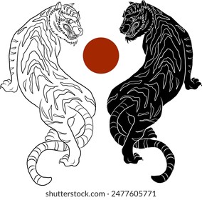 Traditional Japanese tiger tattoo.Tiger Sticker tattoo design,Cartoon tiger on black background.Vector for elements on white isolated.Hand drawn illustration for coloring book or T-shirt on backdrop.