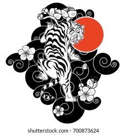 Traditional Japanese tiger tattoo.Tiger Sticker tattoo design,Cartoon tiger on black background.Vector