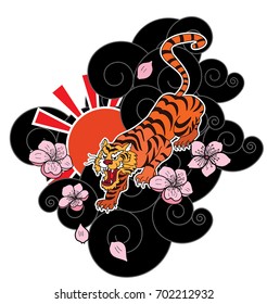 Traditional Japanese tiger tattoo.Tiger Sticker tattoo design,Cartoon tiger on black background.Vector