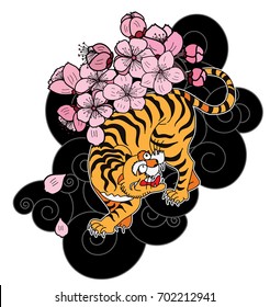 Traditional Japanese tiger tattoo.Tiger Sticker tattoo design,Cartoon tiger on black background.Vector