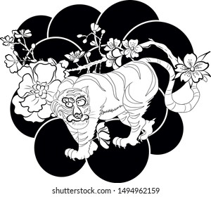 Traditional Japanese tiger vector for printing on wallpaper.Tiger and Sakura flower on cloud red background.Design for tattoo or T-shirt.Fuji mountain and Sakura hand drawn.
