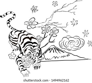 Traditional Japanese tiger vector for printing on wallpaper.Tiger and Sakura flower on cloud red background.Design for tattoo or T-shirt.Fuji mountain and Sakura hand drawn.