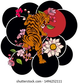 Traditional Japanese tiger vector for printing on wallpaper.Tiger and Sakura flower on cloud red background.Design for tattoo or T-shirt.