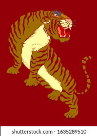 Traditional Japanese tiger vector for printing on shirt.Korean tiger illustration for doodle art on red background.