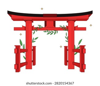Traditional Japanese torii gate 2D vector illustration. Shinto shrine entrance. Cultural heritage. Historical landmark. Asian architecture flat object isolated on white. Colorful cartoon image