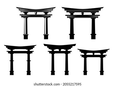 traditional japanese torii gate entrance to shinto shrine - black and white vector outline and silhouette design set