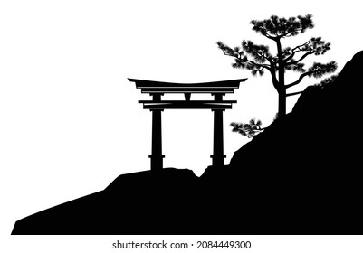 entrada a la entrada tradicional japonesa de la puerta del tugurio shinto en el acantilado rocoso cubierto de pino - escena de la silueta vectorial del paisaje de asia negra y blanca