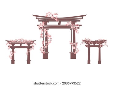 traditional japanese torii gate entrance to shinto shrine decorated with blooming cherry tree branches - spring season sakura hanami vector design set