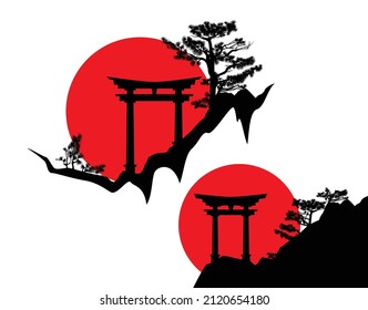 traditional japanese torii gate entrance to shinto shrine on pine tree covered rock cliff and red rising sun - stylized asian landscape vector silhouette scene