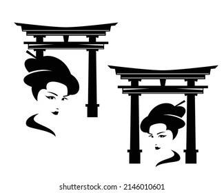 entrada tradicional japonesa a la puerta del tugurio shinto y hermosa cabeza de geisha - conjunto de diseño de vectores en blanco y negro