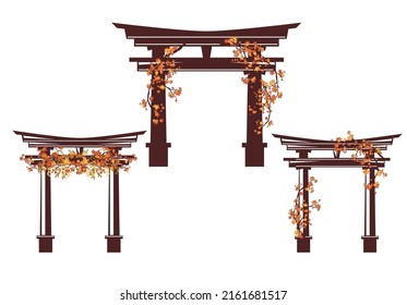 entrada tradicional japonesa a la puerta del tugurio shinto decorado con ramas de arce de otoño - temporada de otoño en Japón diseño vectorial