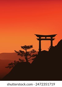 traditional japanese torii gate entrance to shinto shrine on pine tree covered rock cliff at sunset -  asian mountain landscape handdrawn vector silhouette scene