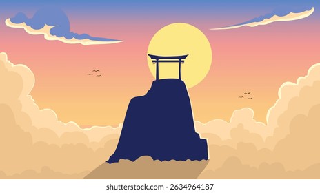 A traditional Japanese torii gate sits atop a mountain silhouette against a vibrant sunset and clouds