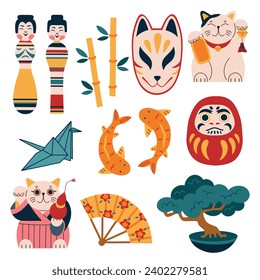 Traditional japanese toys and figurines. Cartoon kokeshi dolls, maneki neko cats and lucky fishes, cultural national elements, vector set.eps
