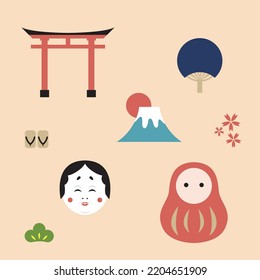 Traditional Japanese travel famous elements include Damour Budaoweng and lantern. Japanese-style symbol of good luck. Tourism. New Year, vector illustration in Japan.