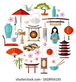 Traditional Japanese travel icons, attractions, symbol, famous places, landmarks. Japanese-style design. Vector illustration. Tourism.