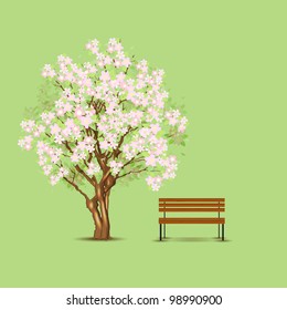 Traditional japanese tree and bench, vector illustration, eps10, 3 layers, easy editable