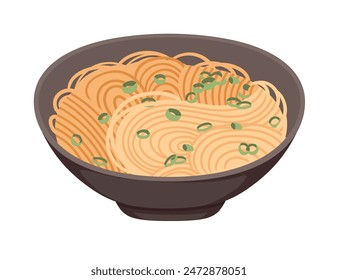 Traditional Japanese Udon in bowl with chopped green onion vector illustration isolated on white background