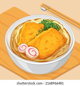 Cuenco tradicional japonés de fideos de udon con tofu frito crujiente, albóndigas y rollo de primavera de cebolla. Fideos de udon de kitsune japoneses en madera sirven menú de tablero cerca de vector de ilustración.