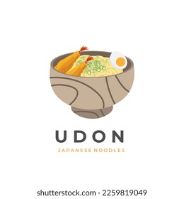 Traditional Japanese Udon Soup Vector Illustration Logo With Egg And Shrimp Tempura In A Wooden Bowl