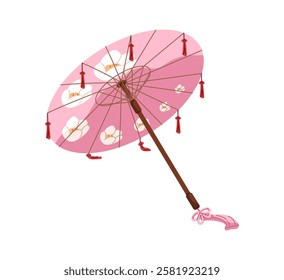 Traditional Japanese umbrella, wagasa. Chinese sunshade, pink Asian parasol with sun protection. Asia brolly with sakura of japan culture. Flat isolated vector illustration on white background