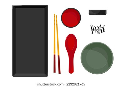 Traditionelle japanische Utensilien. Farbige Sushi-Stöcke aus Holz, Sojasauce-Teller, quadratischer Teller, Löffel aus Misosuppe, Schüssel. asiatische Essensutensilien einzeln auf weißem Hintergrund. Flache Vektorgrafik mit Draufsicht.