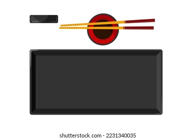 Traditional japanese utensils for sushi. Colorful wooden sushi sticks, plate with soy sauce, square plate. Asian food utensils isolated on white background. Flet vector top view illustration. 