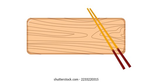 Utensilios tradicionales japoneses para sushi. Coloridos palos de sushi de madera, bandeja de sushi de madera para la cocina asiática. Utensilios de cocina asiática aislados en un fondo blanco. Ilustración de la vista superior vectorial de salida