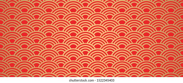 Traditional Japanese wave pattern Asian style sign Japan seamless ornament Background line sea or ocean waves concept Happy new year Vector circle oriental fabric Folk Seigaiha symbol Seigainami Gold