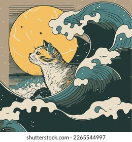 traditional Japanese wave pattern style drawing and cat   moon