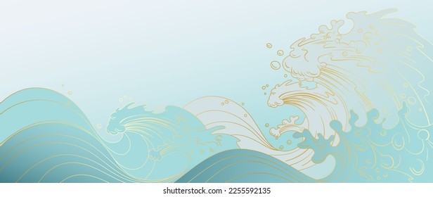 Traditional Japanese wave pattern vector. Luxury hand drawn oriental ocean wave gold line art pattern background. Art design illustration for print, fabric, poster, home decoration and wallpaper.