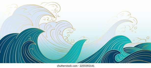 Traditional Japanese wave pattern vector. Luxury hand drawn oriental ocean wave gold line art pattern background. Art design illustration for print, fabric, poster, home decoration and wallpaper.