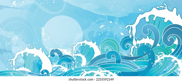 Traditional Japanese wave pattern vector. Hand paint oriental ocean wave pattern with watercolor style background. Art design illustration for print, fabric, poster, home decoration and wallpaper.