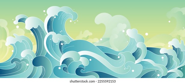 Traditional Japanese wave pattern vector. Elegant hand drawn oriental ocean wave abstract pattern style background. Art design illustration for prints, fabric, poster, home decoration and wallpaper.