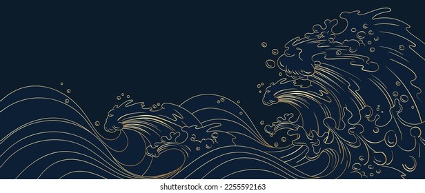Traditional Japanese wave pattern vector. Luxury golden hand drawn oriental ocean wave line art pattern background. Art design illustration for print, fabric, poster, home decoration and wallpaper.