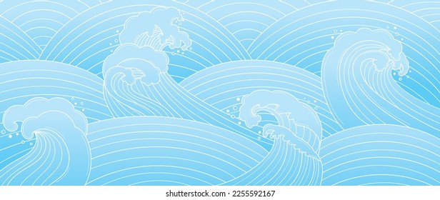 Traditional Japanese wave pattern vector. Hand drawn line art oriental ocean wave abstract pattern style background. Art design illustration for prints, fabric, poster, home decoration and wallpaper.