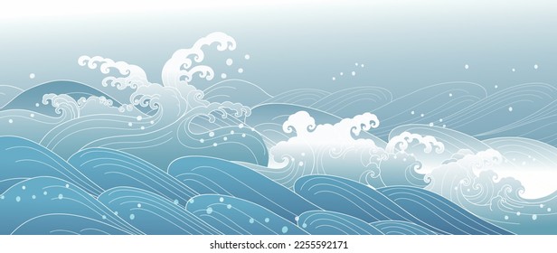 Traditional Japanese wave pattern vector. Luxury hand drawn oriental ocean wave splash line art pattern background. Art design illustration for print, fabric, poster, home decoration and wallpaper.