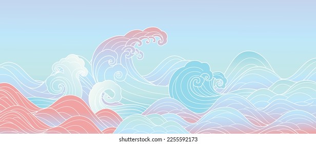 Traditional Japanese wave pattern vector. Luxury hand drawn oriental ocean wave splash line art pattern background. Art design illustration for print, fabric, poster, home decoration and wallpaper.