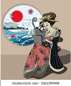 Traditional Japanese wave poster in the window.Japanese women in kimono with her cat playing computer.Hand drawn geisha girl and kitten.Japanese wave with peach flower and Fuji mountain background.