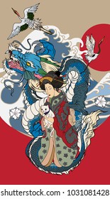 Traditional Japanese wave poster.Japanese women in kimono with her cat and Dragon.Hand drawn geisha girl and kitten on wave background.Heron with peony flower and Fuji mountain background.