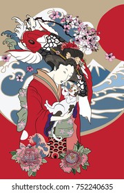 Traditional Japanese wave poster.Japanese women in kimono with her cat and Koi carp.Hand drawn geisha girl and kitten on wave background.Koi fish with peony flower and Fuji mountain background.
